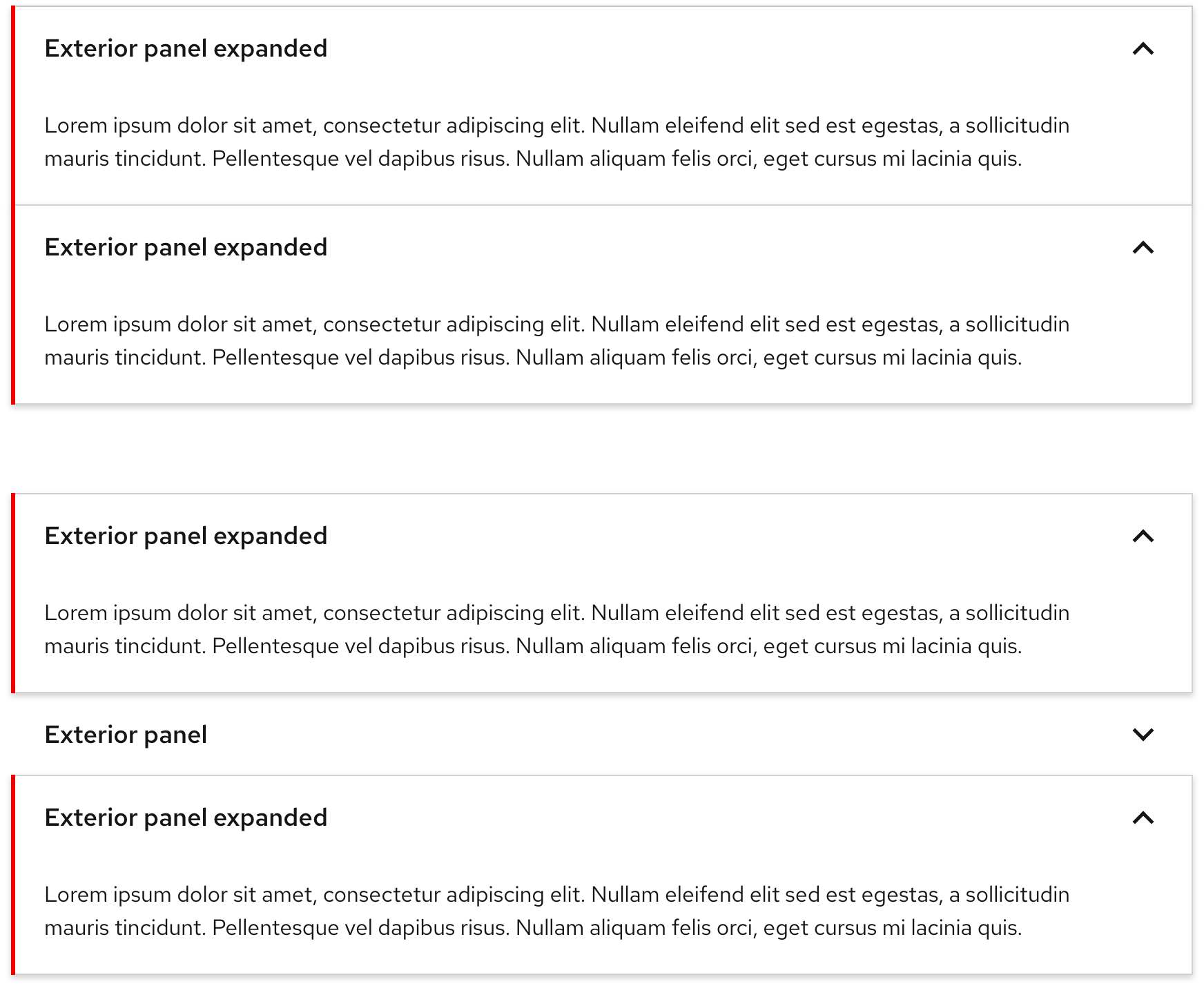 Two accordions; one is showing two expanded panels stacked on top of each other and the other is showing two expanded panels and one collapsed panel in between