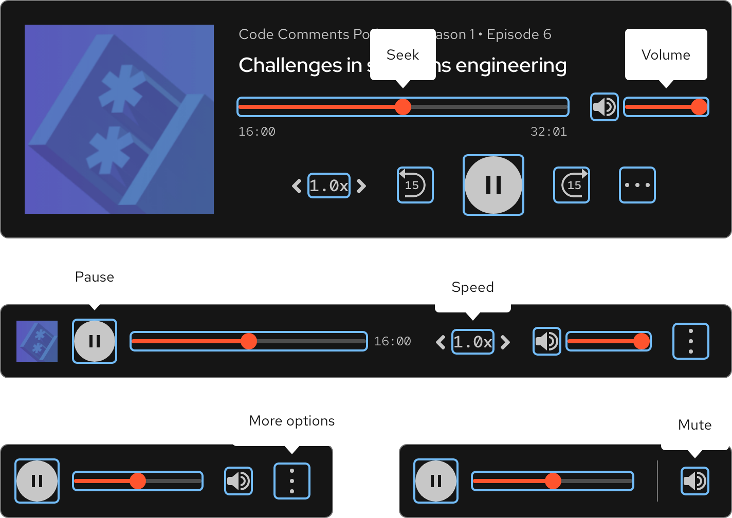 Image of dark theme audio player focus states