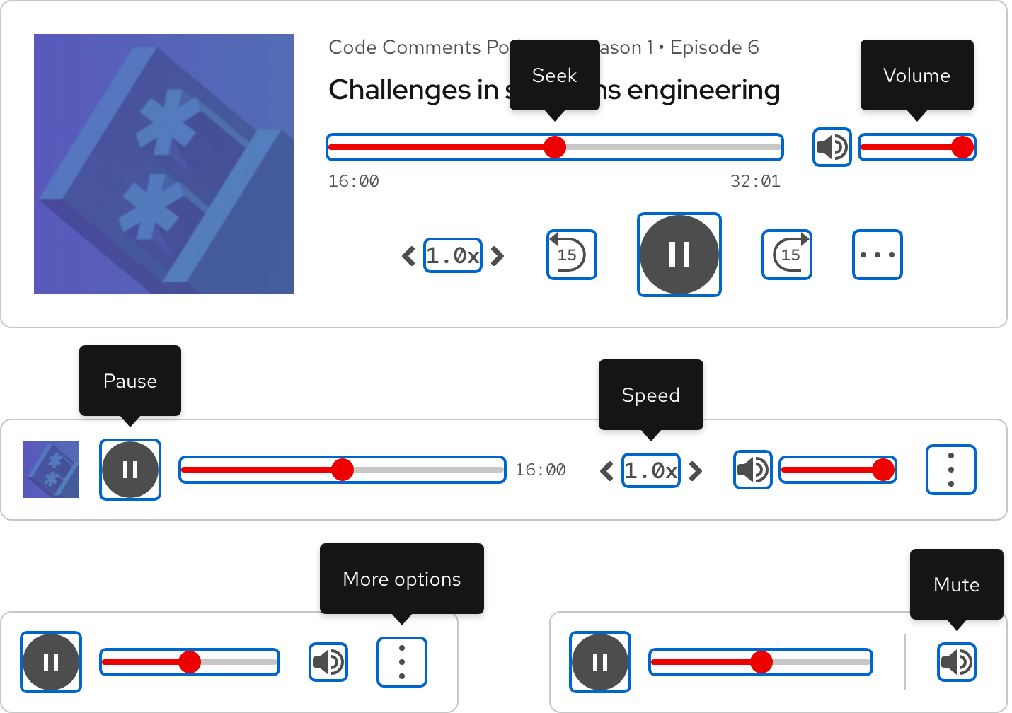 Image of light theme audio player focus states