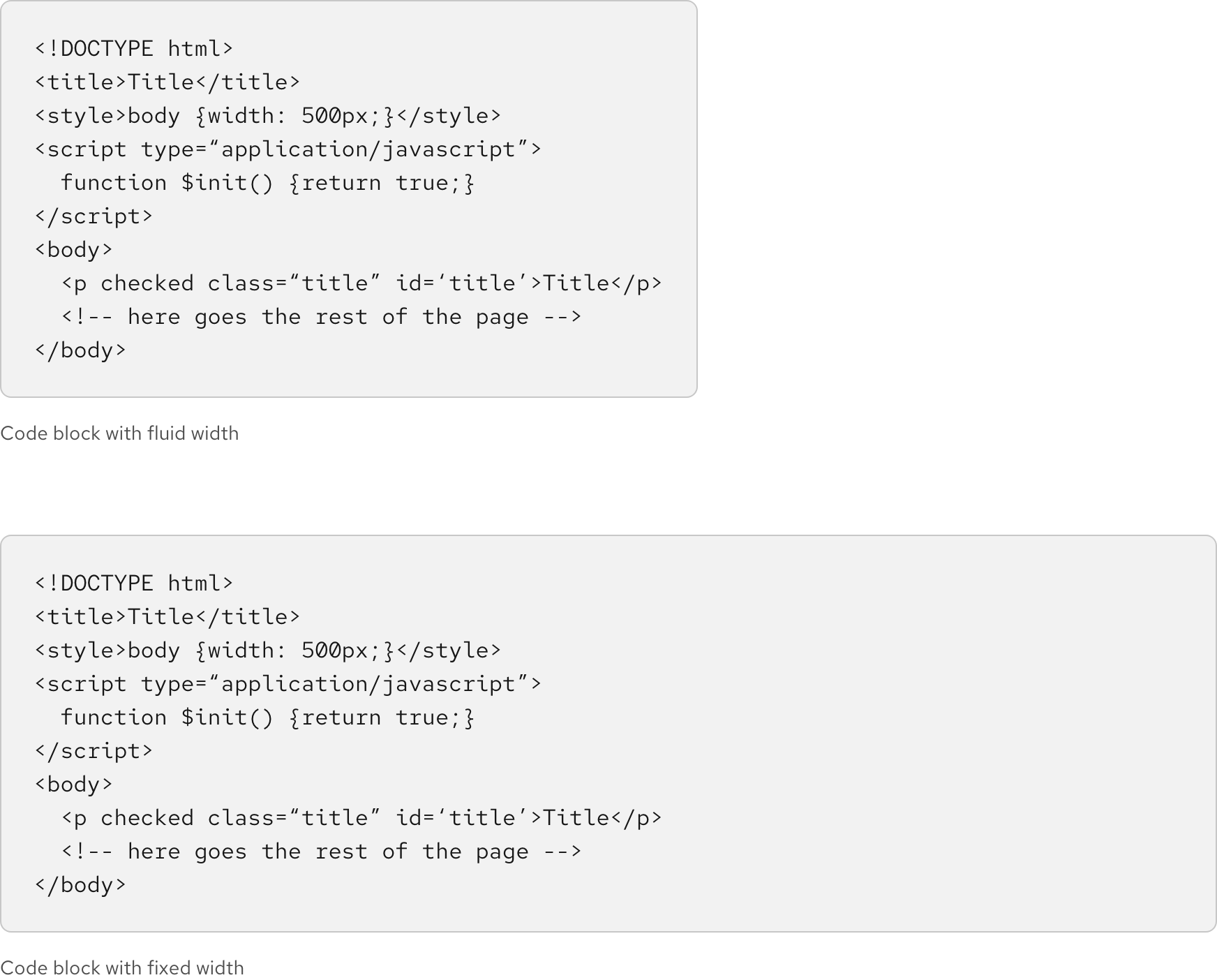 Image of fluid width and fixed width code block sizes with text labels below