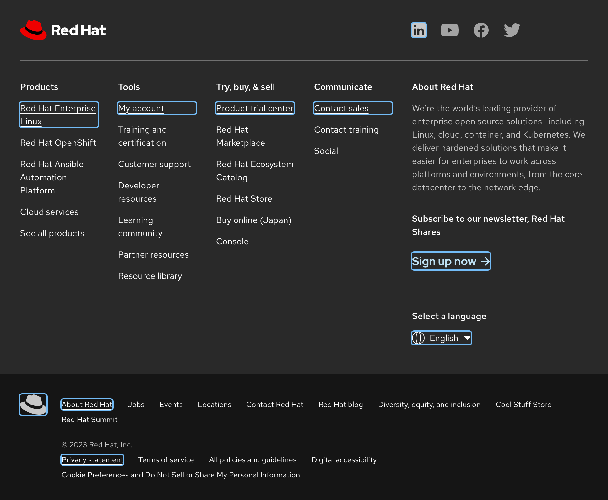 Focus state examples within a footer