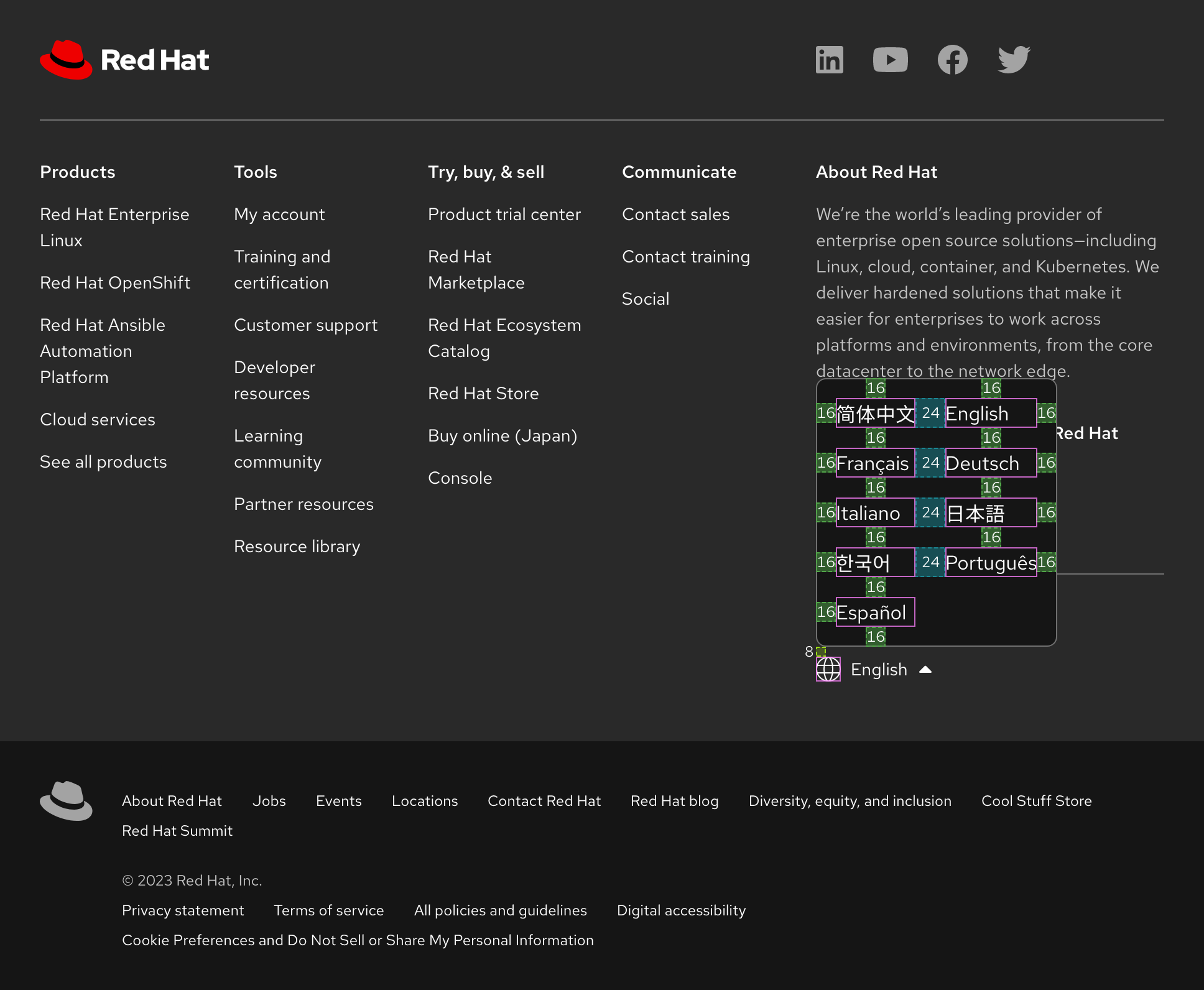 Image of a footer showing space values in the language selector menu