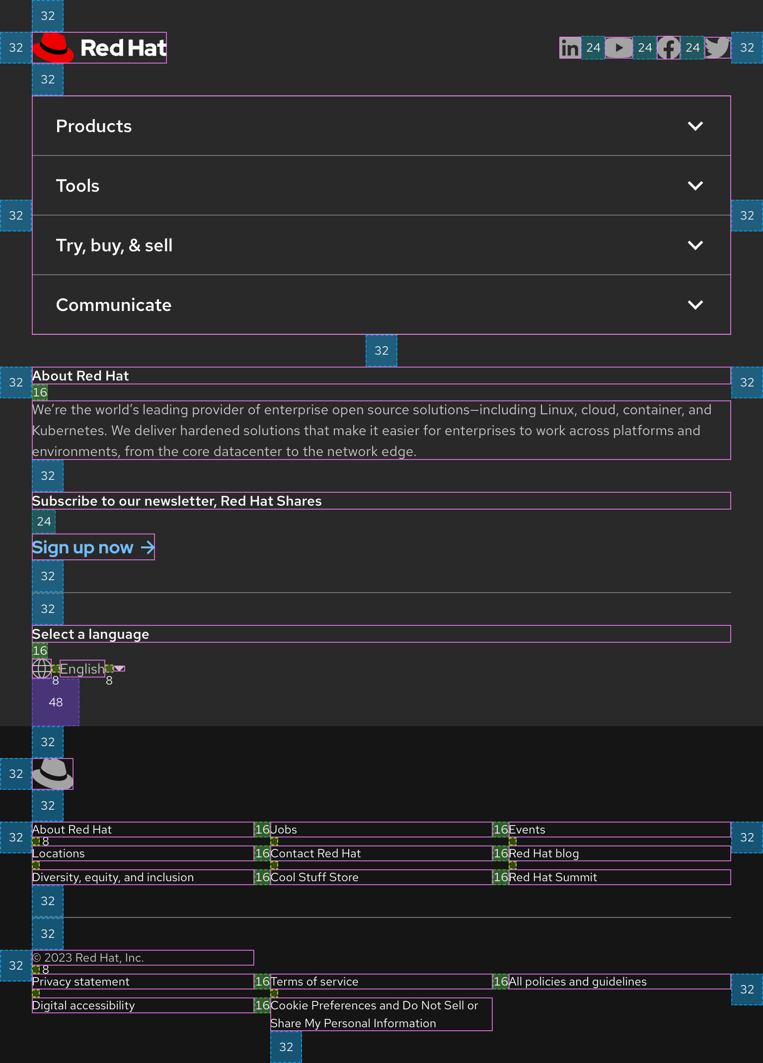 Image of a tablet footer showing space values in between elements