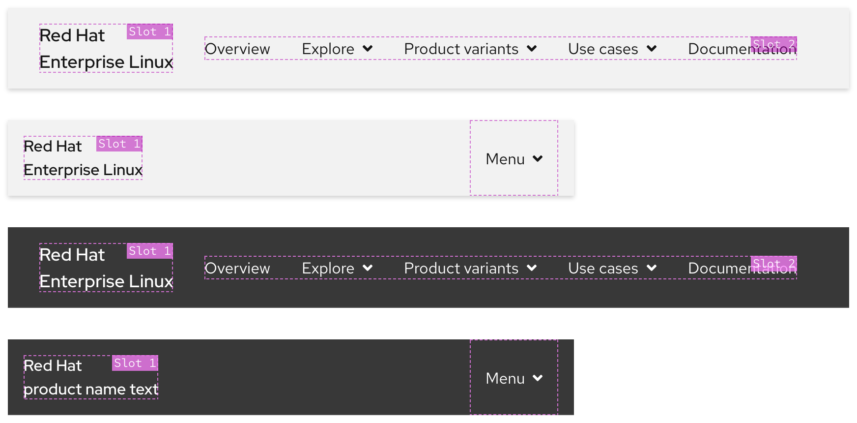 Image of four stacked secondary navigations; two are light theme and two are dark theme, both with dotted line boxes and labels that say slot 1 and slot 2