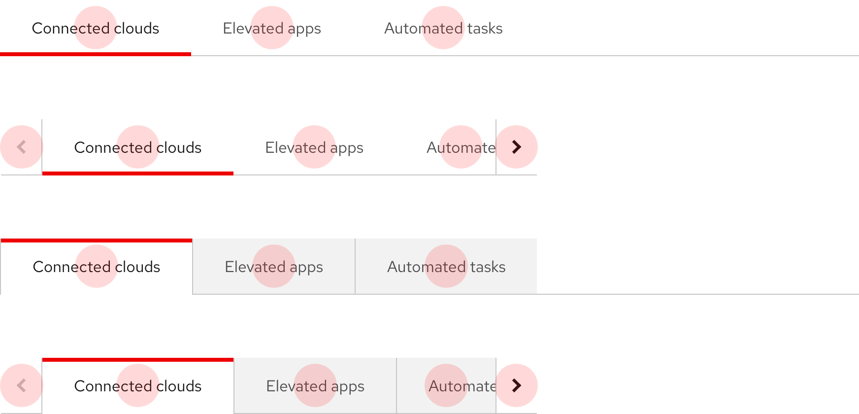 Image of open, box, and tabs with overflow buttons showing adequate touch target spacing