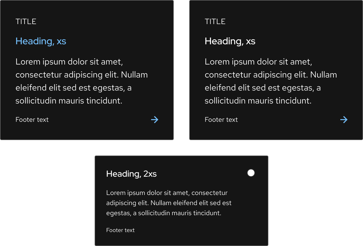 Examples of a dark theme link tile with a light blue heading, link tile with a white heading, and selectable tile with a white heading